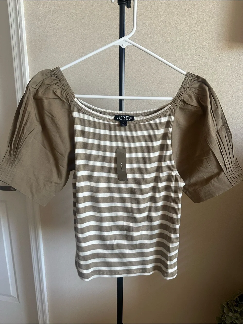 J. Crew Ivory and Taupe Striped Puff-Sleeve Knit Top